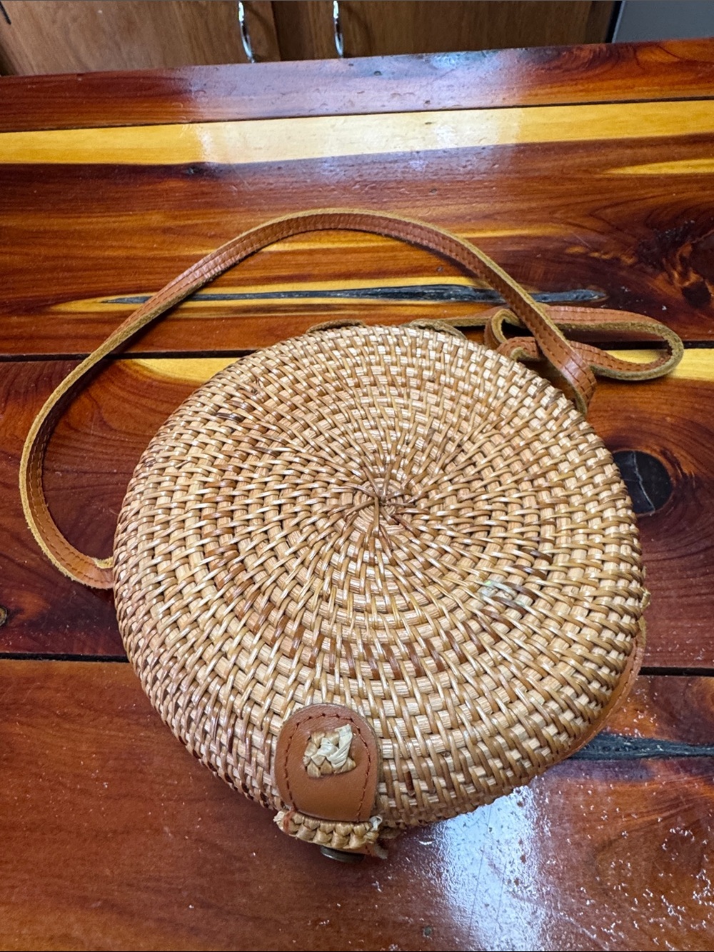 Woven Round Rattan Crossbody Bag in Natural Tan - Picture 1 of 4